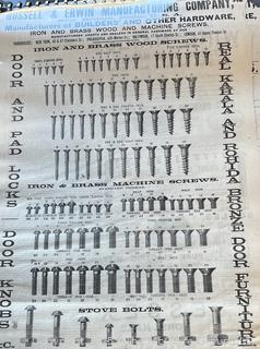 19th C Trade Advertising Broadsheets: F F Adams & Co., Russell & Erwin, L. Coes & Co., Disston, The Francis Axe. Co., Brown & Sharps, Best Brick Co. 