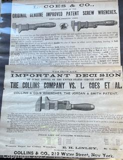 19th C Trade Advertising Broadsheets: F F Adams & Co., Russell & Erwin, L. Coes & Co., Disston, The Francis Axe. Co., Brown & Sharps, Best Brick Co. 