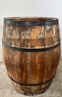 Wooden Stave Barrel with Metal Banding and Partial Soap Label  30"T<br>

<br><br>

Removal Options:<br><br> Sat (Nov 8) & Sun (Nov 9) 11-3pm, 56 Scotch Hill Rd., Cambridge NY 12816<br><br>

