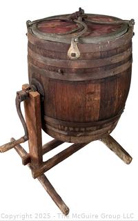 Antique Hand Crank Oak and Iron Banding Butter Churn Barrel on Stand. Measures 16W x 34"T<br>

<br><br>

Removal Options:<br><br> Sat (Nov 8) & Sun (Nov 9) 11-3pm, 56 Scotch Hill Rd., Cambridge NY 12816<br><br>

