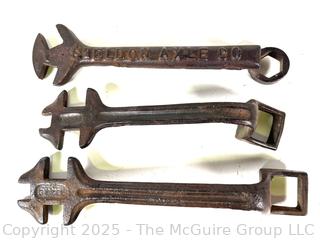 Three (3) 19th C Cast Iron Carriage Wagon Combination Wrenches  Including Sheldon Axel<br>

<br><br>

Removal Options:<br><br> Sat (Nov 8) & Sun (Nov 9) 11-3pm, 56 Scotch Hill Rd., Cambridge NY 12816<br><br>

Sat (Nov 15) 12-2pm, TMG Warehouse, 2800 Juniper St., Fairfax, VA 22031<br><br>

Request Shipping (david@themcguiregroupllc.com)
