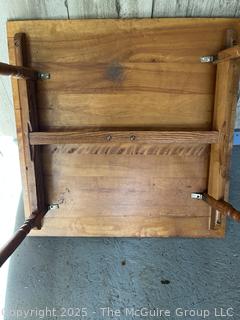 Wooden Farm House Table with Spindle Legs.  Measures 24 x 27 x 29"<br>

<br><br>

Removal Options:<br><br> Sat (Nov 8) & Sun (Nov 9) 11-3pm, 56 Scotch Hill Rd., Cambridge NY 12816<br><br>
