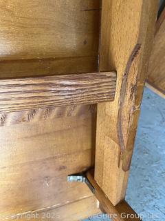 Wooden Farm House Table with Spindle Legs.  Measures 24 x 27 x 29"<br>

<br><br>

Removal Options:<br><br> Sat (Nov 8) & Sun (Nov 9) 11-3pm, 56 Scotch Hill Rd., Cambridge NY 12816<br><br>
