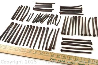 Group of Hammered Square Carpentry Nails<br>

<br><br>

Removal Options:<br><br> Sat (Nov 8) & Sun (Nov 9) 11-3pm, 56 Scotch Hill Rd., Cambridge NY 12816<br><br>

Sat (Nov 15) 12-2pm, TMG Warehouse, 2800 Juniper St., Fairfax, VA 22031<br><br>

Request Shipping (david@themcguiregroupllc.com)
