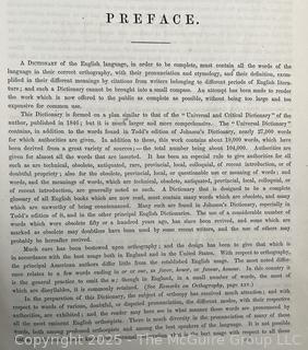 1860 Illustrated Dictionary of the English Language.  Worcester Boston Edition Book<br>

<br><br>

Removal Options:<br><br> Sat (Nov 8) & Sun (Nov 9) 11-3pm, 56 Scotch Hill Rd., Cambridge NY 12816<br><br>

Sat (Nov 15) 12-2pm, TMG Warehouse, 2800 Juniper St., Fairfax, VA 22031<br><br>

Request Shipping (david@themcguiregroupllc.com) 