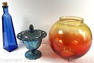 Blue Indiana Carnival Glass Candy Dish, Amberina Ball Glass Vase and Blue Bottle with Cork<br>

<br><br>

Removal Options:<br><br> Sat (Nov 8) & Sun (Nov 9) 11-3pm, 56 Scotch Hill Rd., Cambridge NY 12816<br><br>

Sat (Nov 15) 12-2pm, TMG Warehouse, 2800 Juniper St., Fairfax, VA 22031<br><br>

Request Shipping (david@themcguiregroupllc.com)