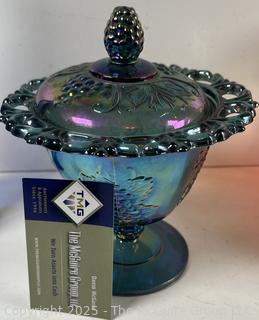 Blue Indiana Carnival Glass Candy Dish, Amberina Ball Glass Vase and Blue Bottle with Cork<br>

<br><br>

Removal Options:<br><br> Sat (Nov 8) & Sun (Nov 9) 11-3pm, 56 Scotch Hill Rd., Cambridge NY 12816<br><br>

Sat (Nov 15) 12-2pm, TMG Warehouse, 2800 Juniper St., Fairfax, VA 22031<br><br>

Request Shipping (david@themcguiregroupllc.com)