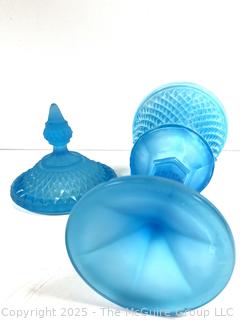 Blue Frosted Diamond Point Glass Apothecary Jar by Indiana Glass. 16"T<br>

<br><br>

Removal Options:<br><br> Sat (Nov 8) & Sun (Nov 9) 11-3pm, 56 Scotch Hill Rd., Cambridge NY 12816<br><br>

Sat (Nov 15) 12-2pm, TMG Warehouse, 2800 Juniper St., Fairfax, VA 22031<br><br>

Request Shipping (david@themcguiregroupllc.com)