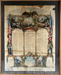 1866 Framed Military Register. 123rd Regiment New York Volunteers. Mustered Into Service 1862 at Salem NY. Mustered Out of Service 1865 Washington DC (WAS 386)<br>

<br><br>

Removal Options:<br><br> Sat (Nov 8) & Sun (Nov 9) 11-3pm, 56 Scotch Hill Rd., Cambridge NY 12816<br><br>

Sat (Nov 15) 12-2pm, TMG Warehouse, 2800 Juniper St., Fairfax, VA 22031<br><br>

Request Shipping (david@themcguiregroupllc.com)