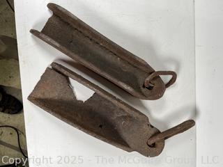 NEW PHOTO  Pair of Cast Iron Buggy or Wagon Wheel Drag Skid Shoes<br>

<br><br>

Removal Options:<br><br> Sat (Nov 8) & Sun (Nov 9) 11-3pm, 56 Scotch Hill Rd., Cambridge NY 12816<br><br>

Sat (Nov 15) 12-2pm, TMG Warehouse, 2800 Juniper St., Fairfax, VA 22031<br><br>

Request Shipping (david@themcguiregroupllc.com)