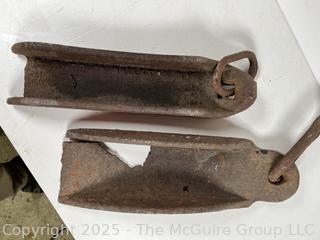 NEW PHOTO  Pair of Cast Iron Buggy or Wagon Wheel Drag Skid Shoes<br>

<br><br>

Removal Options:<br><br> Sat (Nov 8) & Sun (Nov 9) 11-3pm, 56 Scotch Hill Rd., Cambridge NY 12816<br><br>

Sat (Nov 15) 12-2pm, TMG Warehouse, 2800 Juniper St., Fairfax, VA 22031<br><br>

Request Shipping (david@themcguiregroupllc.com)