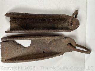 NEW PHOTO  Pair of Cast Iron Buggy or Wagon Wheel Drag Skid Shoes<br>

<br><br>

Removal Options:<br><br> Sat (Nov 8) & Sun (Nov 9) 11-3pm, 56 Scotch Hill Rd., Cambridge NY 12816<br><br>

Sat (Nov 15) 12-2pm, TMG Warehouse, 2800 Juniper St., Fairfax, VA 22031<br><br>

Request Shipping (david@themcguiregroupllc.com)