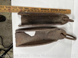 NEW PHOTO  Pair of Cast Iron Buggy or Wagon Wheel Drag Skid Shoes<br>

<br><br>

Removal Options:<br><br> Sat (Nov 8) & Sun (Nov 9) 11-3pm, 56 Scotch Hill Rd., Cambridge NY 12816<br><br>

Sat (Nov 15) 12-2pm, TMG Warehouse, 2800 Juniper St., Fairfax, VA 22031<br><br>

Request Shipping (david@themcguiregroupllc.com)