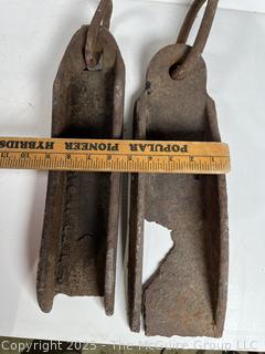 NEW PHOTO  Pair of Cast Iron Buggy or Wagon Wheel Drag Skid Shoes<br>

<br><br>

Removal Options:<br><br> Sat (Nov 8) & Sun (Nov 9) 11-3pm, 56 Scotch Hill Rd., Cambridge NY 12816<br><br>

Sat (Nov 15) 12-2pm, TMG Warehouse, 2800 Juniper St., Fairfax, VA 22031<br><br>

Request Shipping (david@themcguiregroupllc.com)