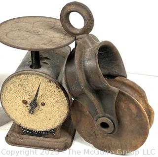 Spring Scale, Scale Weights and Metal/Wood Hanging Pulley<br>

<br><br>

Removal Options:<br><br> Sat (Nov 8) & Sun (Nov 9) 11-3pm, 56 Scotch Hill Rd., Cambridge NY 12816<br><br>
