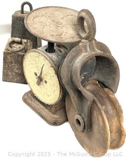 Spring Scale, Scale Weights and Metal/Wood Hanging Pulley<br>

<br><br>

Removal Options:<br><br> Sat (Nov 8) & Sun (Nov 9) 11-3pm, 56 Scotch Hill Rd., Cambridge NY 12816<br><br>
