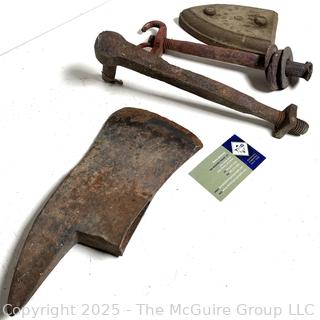 Firefighter's Axe Head, SAD Iron Base, Hinge and Hanger<br>

<br><br>

Removal Options:<br><br> Sat (Nov 8) & Sun (Nov 9) 11-3pm, 56 Scotch Hill Rd., Cambridge NY 12816<br><br>

Sat (Nov 15) 12-2pm, TMG Warehouse, 2800 Juniper St., Fairfax, VA 22031<br><br>


