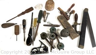 Workshop Bench Tools Including Screw Type Glass Insulators, Hand Vise, Piano Screwdriver, and Adjustable Angle Gauge.<br>

<br><br>

Removal Options:<br><br> Sat (Nov 8) & Sun (Nov 9) 11-3pm, 56 Scotch Hill Rd., Cambridge NY 12816<br><br>

Sat (Nov 15) 12-2pm, TMG Warehouse, 2800 Juniper St., Fairfax, VA 22031<br><br>

Request Shipping (david@themcguiregroupllc.com)  
