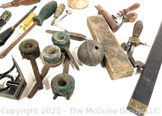 Workshop Bench Tools Including Screw Type Glass Insulators, Hand Vise, Piano Screwdriver, and Adjustable Angle Gauge.<br>

<br><br>

Removal Options:<br><br> Sat (Nov 8) & Sun (Nov 9) 11-3pm, 56 Scotch Hill Rd., Cambridge NY 12816<br><br>

Sat (Nov 15) 12-2pm, TMG Warehouse, 2800 Juniper St., Fairfax, VA 22031<br><br>

Request Shipping (david@themcguiregroupllc.com)  