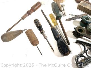 Workshop Bench Tools Including Screw Type Glass Insulators, Hand Vise, Piano Screwdriver, and Adjustable Angle Gauge.<br>

<br><br>

Removal Options:<br><br> Sat (Nov 8) & Sun (Nov 9) 11-3pm, 56 Scotch Hill Rd., Cambridge NY 12816<br><br>

Sat (Nov 15) 12-2pm, TMG Warehouse, 2800 Juniper St., Fairfax, VA 22031<br><br>

Request Shipping (david@themcguiregroupllc.com)  