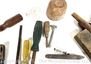 Workshop Bench Tools Including Screw Type Glass Insulators, Hand Vise, Piano Screwdriver, and Adjustable Angle Gauge.<br>

<br><br>

Removal Options:<br><br> Sat (Nov 8) & Sun (Nov 9) 11-3pm, 56 Scotch Hill Rd., Cambridge NY 12816<br><br>

Sat (Nov 15) 12-2pm, TMG Warehouse, 2800 Juniper St., Fairfax, VA 22031<br><br>

Request Shipping (david@themcguiregroupllc.com)  