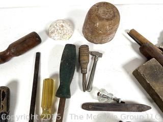 Workshop Bench Tools Including Screw Type Glass Insulators, Hand Vise, Piano Screwdriver, and Adjustable Angle Gauge.<br>

<br><br>

Removal Options:<br><br> Sat (Nov 8) & Sun (Nov 9) 11-3pm, 56 Scotch Hill Rd., Cambridge NY 12816<br><br>

Sat (Nov 15) 12-2pm, TMG Warehouse, 2800 Juniper St., Fairfax, VA 22031<br><br>

Request Shipping (david@themcguiregroupllc.com)  