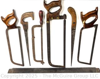 Six (6) Hand Saws<br>

<br><br>

Removal Options:<br><br> Sat (Nov 8) & Sun (Nov 9) 11-3pm, 56 Scotch Hill Rd., Cambridge NY 12816<br><br>

Sat (Nov 15) 12-2pm, TMG Warehouse, 2800 Juniper St., Fairfax, VA 22031<br><br>

Request Shipping (david@themcguiregroupllc.com)
