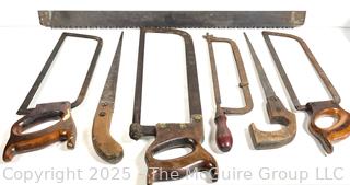 Six (6) Hand Saws<br>

<br><br>

Removal Options:<br><br> Sat (Nov 8) & Sun (Nov 9) 11-3pm, 56 Scotch Hill Rd., Cambridge NY 12816<br><br>

Sat (Nov 15) 12-2pm, TMG Warehouse, 2800 Juniper St., Fairfax, VA 22031<br><br>

Request Shipping (david@themcguiregroupllc.com)