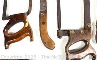 Six (6) Hand Saws<br>

<br><br>

Removal Options:<br><br> Sat (Nov 8) & Sun (Nov 9) 11-3pm, 56 Scotch Hill Rd., Cambridge NY 12816<br><br>

Sat (Nov 15) 12-2pm, TMG Warehouse, 2800 Juniper St., Fairfax, VA 22031<br><br>

Request Shipping (david@themcguiregroupllc.com)