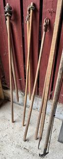 Three (3) 19th C Flails, Tools Used for Threshing Grain, Separating Kernels From Their Husks.  Each Consists of a Handle and a "Swipple" Connected by a Hinge, Chain or Flexible Material.<br>

<br><br>

Removal Options:<br><br> Sat (Nov 8) & Sun (Nov 9) 11-3pm, 56 Scotch Hill Rd., Cambridge NY 12816<br><br>

Sat (Nov 15) 12-2pm, TMG Warehouse, 2800 Juniper St., Fairfax, VA 22031<br><br>

 