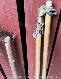 Three (3) 19th C Flails, Tools Used for Threshing Grain, Separating Kernels From Their Husks.  Each Consists of a Handle and a "Swipple" Connected by a Hinge, Chain or Flexible Material.<br>

<br><br>

Removal Options:<br><br> Sat (Nov 8) & Sun (Nov 9) 11-3pm, 56 Scotch Hill Rd., Cambridge NY 12816<br><br>

Sat (Nov 15) 12-2pm, TMG Warehouse, 2800 Juniper St., Fairfax, VA 22031<br><br>

 
