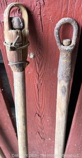 Three (3) 19th C Flails, Tools Used for Threshing Grain, Separating Kernels From Their Husks.  Each Consists of a Handle and a "Swipple" Connected by a Hinge, Chain or Flexible Material.<br>

<br><br>

Removal Options:<br><br> Sat (Nov 8) & Sun (Nov 9) 11-3pm, 56 Scotch Hill Rd., Cambridge NY 12816<br><br>

Sat (Nov 15) 12-2pm, TMG Warehouse, 2800 Juniper St., Fairfax, VA 22031<br><br>

 