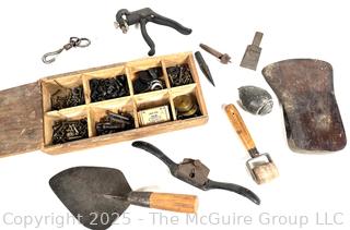 Shop Tools and Supplies Including Wood Box, Trowel, Drawshave, Veneer Roller, Hand Vise, Lathe Stock Vise, Sargeant Iron Bench Dog, Wood Axe Head and Lead Plumb Bob.<br>

<br><br>

Removal Options:<br><br> Sat (Nov 8) & Sun (Nov 9) 11-3pm, 56 Scotch Hill Rd., Cambridge NY 12816<br><br>

Sat (Nov 15) 12-2pm, TMG Warehouse, 2800 Juniper St., Fairfax, VA 22031<br><br>

