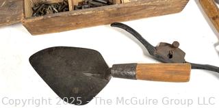 Shop Tools and Supplies Including Wood Box, Trowel, Drawshave, Veneer Roller, Hand Vise, Lathe Stock Vise, Sargeant Iron Bench Dog, Wood Axe Head and Lead Plumb Bob.<br>

<br><br>

Removal Options:<br><br> Sat (Nov 8) & Sun (Nov 9) 11-3pm, 56 Scotch Hill Rd., Cambridge NY 12816<br><br>

Sat (Nov 15) 12-2pm, TMG Warehouse, 2800 Juniper St., Fairfax, VA 22031<br><br>


