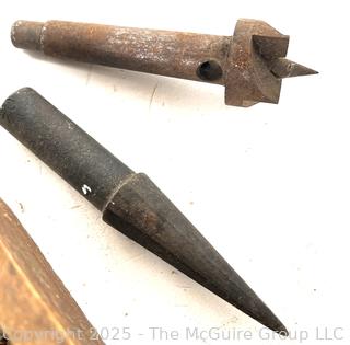 Shop Tools and Supplies Including Wood Box, Trowel, Drawshave, Veneer Roller, Hand Vise, Lathe Stock Vise, Sargeant Iron Bench Dog, Wood Axe Head and Lead Plumb Bob.<br>

<br><br>

Removal Options:<br><br> Sat (Nov 8) & Sun (Nov 9) 11-3pm, 56 Scotch Hill Rd., Cambridge NY 12816<br><br>

Sat (Nov 15) 12-2pm, TMG Warehouse, 2800 Juniper St., Fairfax, VA 22031<br><br>

