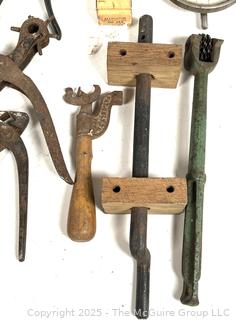 Farm Bench Tools Including Leather Hole Punch, Hand Saw Set Tooth Sharpener, Clamps, Marking Gage and Hammers<br>

<br><br>

Removal Options:<br><br> Sat (Nov 8) & Sun (Nov 9) 11-3pm, 56 Scotch Hill Rd., Cambridge NY 12816<br><br>

