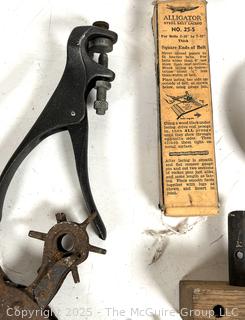Farm Bench Tools Including Leather Hole Punch, Hand Saw Set Tooth Sharpener, Clamps, Marking Gage and Hammers<br>

<br><br>

Removal Options:<br><br> Sat (Nov 8) & Sun (Nov 9) 11-3pm, 56 Scotch Hill Rd., Cambridge NY 12816<br><br>

