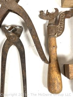 Farm Bench Tools Including Leather Hole Punch, Hand Saw Set Tooth Sharpener, Clamps, Marking Gage and Hammers<br>

<br><br>

Removal Options:<br><br> Sat (Nov 8) & Sun (Nov 9) 11-3pm, 56 Scotch Hill Rd., Cambridge NY 12816<br><br>

