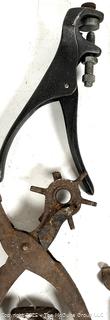 Farm Bench Tools Including Leather Hole Punch, Hand Saw Set Tooth Sharpener, Clamps, Marking Gage and Hammers<br>

<br><br>

Removal Options:<br><br> Sat (Nov 8) & Sun (Nov 9) 11-3pm, 56 Scotch Hill Rd., Cambridge NY 12816<br><br>

