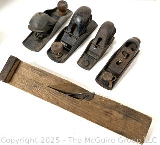 Four (4) Metal Block Planes and One Wooden Molding Plane<br>

<br><br>

Removal Options:<br><br> Sat (Nov 8) & Sun (Nov 9) 11-3pm, 56 Scotch Hill Rd., Cambridge NY 12816<br><br>

