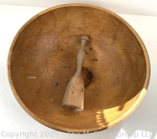 Primitive 16"D Turned Wood Round Dough Bowl and Masher<br>

<br><br>

Removal Options:<br><br> Sat (Nov 8) & Sun (Nov 9) 11-3pm, 56 Scotch Hill Rd., Cambridge NY 12816<br><br>

Sat (Nov 15) 12-2pm, TMG Warehouse, 2800 Juniper St., Fairfax, VA 22031<br><br>

Request Shipping (david@themcguiregroupllc.com)