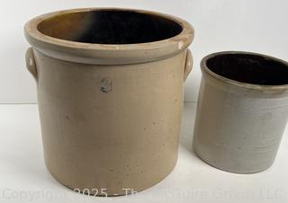 Two (2) Stoneware Crocks, One Marked 3 Gallon<br>

<br><br>

Removal Options:<br><br> Sat (Nov 8) & Sun (Nov 9) 11-3pm, 56 Scotch Hill Rd., Cambridge NY 12816<br><br>

Sat (Nov 15) 12-2pm, TMG Warehouse, 2800 Juniper St., Fairfax, VA 22031<br><br>

Request Shipping (david@themcguiregroupllc.com)
