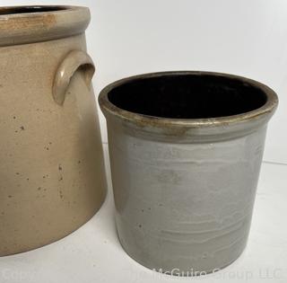 Two (2) Stoneware Crocks, One Marked 3 Gallon<br>

<br><br>

Removal Options:<br><br> Sat (Nov 8) & Sun (Nov 9) 11-3pm, 56 Scotch Hill Rd., Cambridge NY 12816<br><br>

Sat (Nov 15) 12-2pm, TMG Warehouse, 2800 Juniper St., Fairfax, VA 22031<br><br>

Request Shipping (david@themcguiregroupllc.com)
