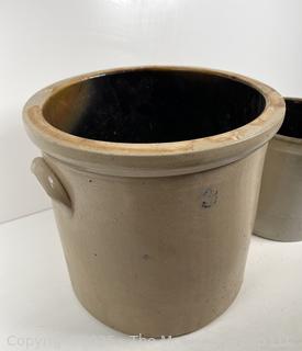 Two (2) Stoneware Crocks, One Marked 3 Gallon<br>

<br><br>

Removal Options:<br><br> Sat (Nov 8) & Sun (Nov 9) 11-3pm, 56 Scotch Hill Rd., Cambridge NY 12816<br><br>

Sat (Nov 15) 12-2pm, TMG Warehouse, 2800 Juniper St., Fairfax, VA 22031<br><br>

Request Shipping (david@themcguiregroupllc.com)
