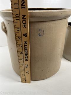 Two (2) Stoneware Crocks, One Marked 3 Gallon<br>

<br><br>

Removal Options:<br><br> Sat (Nov 8) & Sun (Nov 9) 11-3pm, 56 Scotch Hill Rd., Cambridge NY 12816<br><br>

Sat (Nov 15) 12-2pm, TMG Warehouse, 2800 Juniper St., Fairfax, VA 22031<br><br>

Request Shipping (david@themcguiregroupllc.com)
