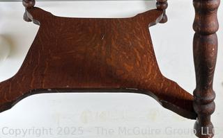 Quarter Sawn Oak Table Top w/ Lower Shelf on Spindle Turned Legs. Measures 24 x 24 x 24"T<br>

<br><br>

Removal Options:<br><br> Sat (Nov 8) & Sun (Nov 9) 11-3pm, 56 Scotch Hill Rd., Cambridge NY 12816<br><br>

Sat (Nov 15) 12-2pm, TMG Warehouse, 2800 Juniper St., Fairfax, VA 22031<br><br>

Request Shipping (david@themcguiregroupllc.com)