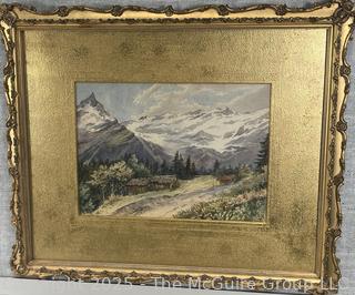 Giltwood Framed Landscape of Mountain Scene Signed by Artist MB<br>

<br><br>

Removal Options:<br><br> Sat (Nov 8) & Sun (Nov 9) 11-3pm, 56 Scotch Hill Rd., Cambridge NY 12816<br><br>

Sat (Nov 15) 12-2pm, TMG Warehouse, 2800 Juniper St., Fairfax, VA 22031<br><br>

Request Shipping (david@themcguiregroupllc.com)