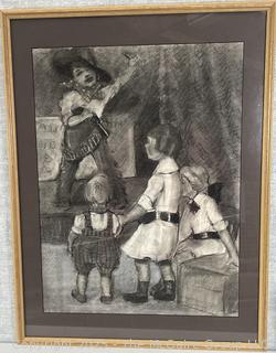 Framed Under Glass Charcoal Pencil On Paper Titled, "Little Sheriff's Big Show" By Jennie Mae McGuire<br>

<br><br>

Removal Options:<br><br> Sat (Nov 8) & Sun (Nov 9) 11-3pm, 56 Scotch Hill Rd., Cambridge NY 12816<br><br>

Sat (Nov 15) 12-2pm, TMG Warehouse, 2800 Juniper St., Fairfax, VA 22031<br><br>

Request Shipping (david@themcguiregroupllc.com)