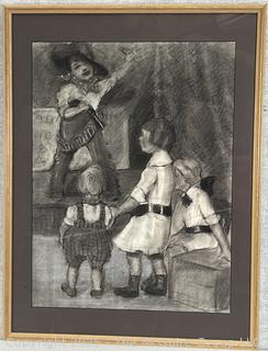 Framed Under Glass Charcoal Pencil On Paper Titled, "Little Sheriff's Big Show" By Jennie Mae McGuire<br>

<br><br>

Removal Options:<br><br> Sat (Nov 8) & Sun (Nov 9) 11-3pm, 56 Scotch Hill Rd., Cambridge NY 12816<br><br>

Sat (Nov 15) 12-2pm, TMG Warehouse, 2800 Juniper St., Fairfax, VA 22031<br><br>

Request Shipping (david@themcguiregroupllc.com)