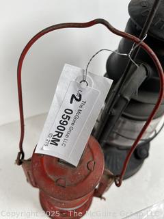 Two (2) Railroad Lanterns. Dietz D-Lite No. 2, and World-Light Mfg. Ltd.<br>

<br><br>

Removal Options:<br><br> Sat (Nov 8) & Sun (Nov 9) 11-3pm, 56 Scotch Hill Rd., Cambridge NY 12816<br><br>

Sat (Nov 15) 12-2pm, TMG Warehouse, 2800 Juniper St., Fairfax, VA 22031<br><br>

Request Shipping (david@themcguiregroupllc.com) 